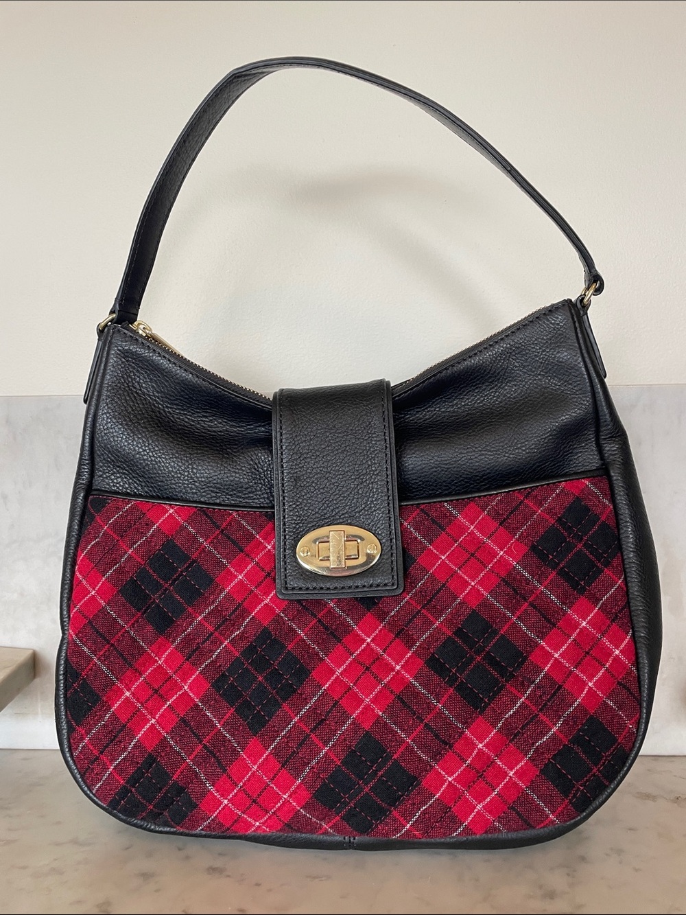 TALBOTS Greenwich Quilted Tartan & Leather Hobo Shoulder Bag